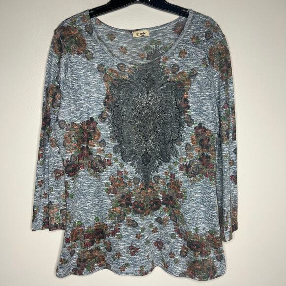 Vintage Cactus Y2K Rhinestone Embellished Top L Floral Western 3/4 Sleeve Boho - Picture 1 of 10